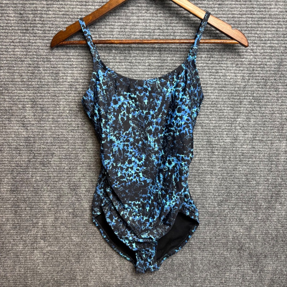 Speedo Womens Blue Black Abstract Splatter Print One Piece Swimsuit Size 6